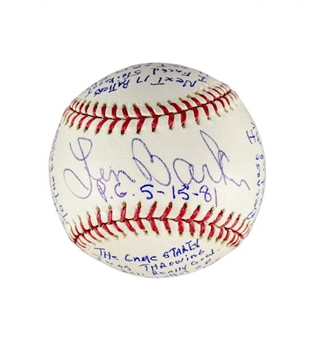 Len Barker Signed Baseball With Long Inscribed Story About His Perfect Game Day